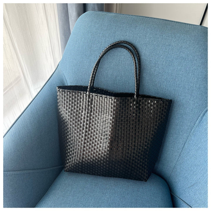 Solid Color Straw Tote For Women Holiday Beach Handbag - Black - Large - image 15