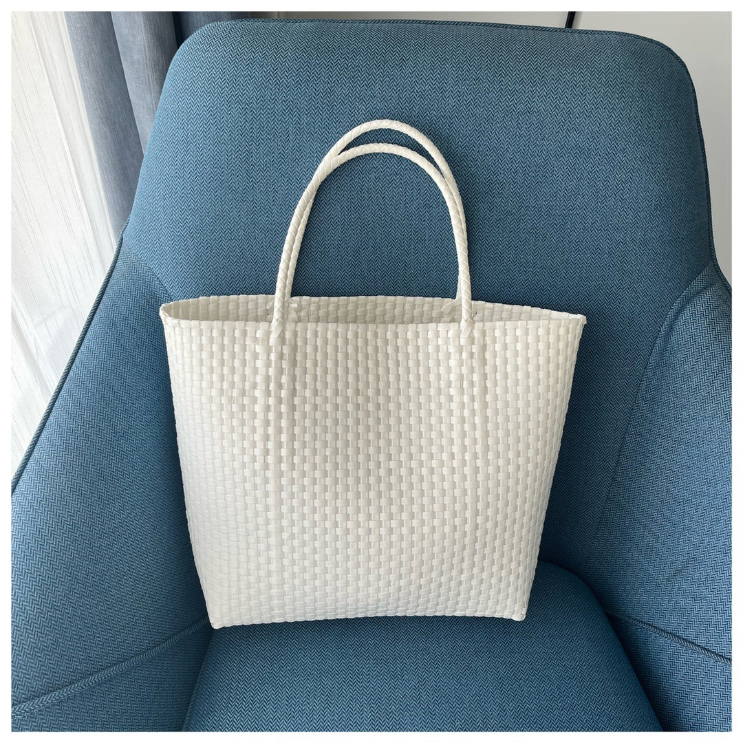 Solid Color Straw Tote For Women Holiday Beach Handbag - White - Large - image 12