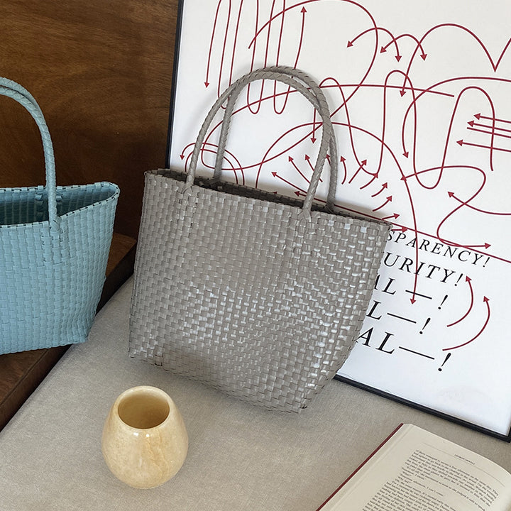 Solid Color Straw Tote For Women Holiday Beach Handbag - LightGray - Large - image 17