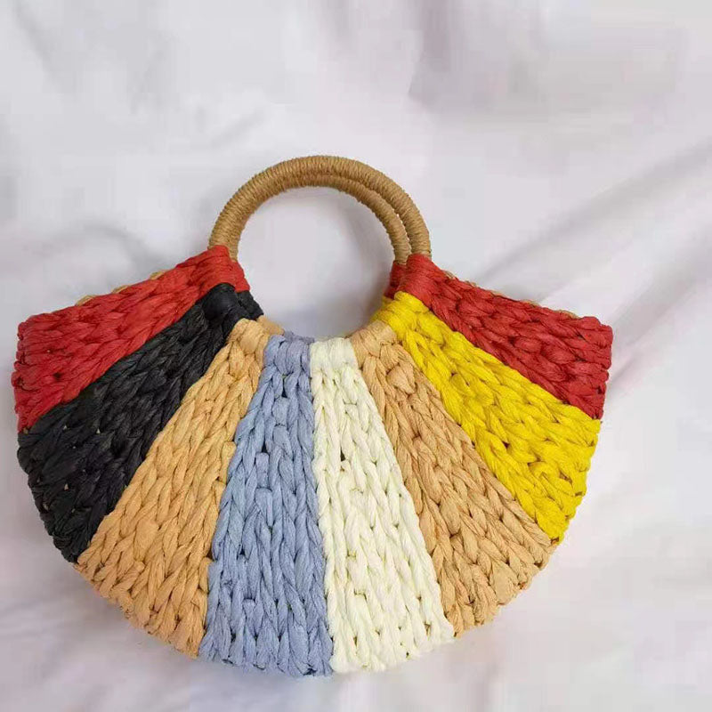 Half Round Straw Bag Elegant Rattan Bucket Handbag For Women