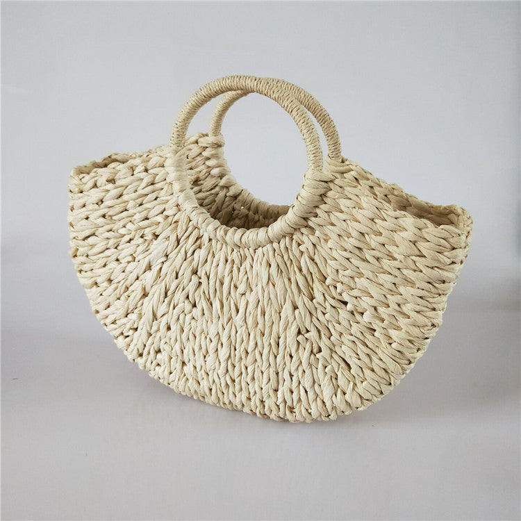 Half Round Straw Bag Elegant Rattan Bucket Handbag For Women