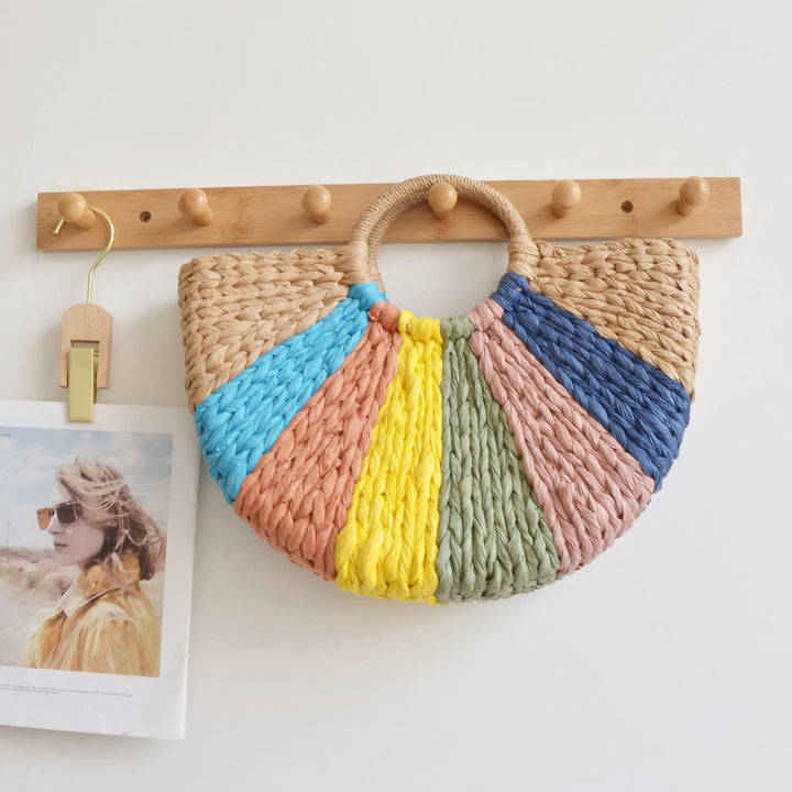 Half Round Straw Bag Elegant Rattan Bucket Handbag For Women