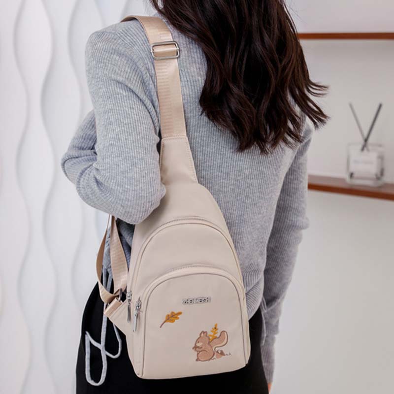 Cartoon Squirrel Embroidery Chest Bag For Women Oxford Crossbody Bag