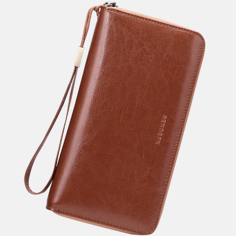 RFID Blocking Genuine Leather Zip Around Wallet Purse with Wrist Strap