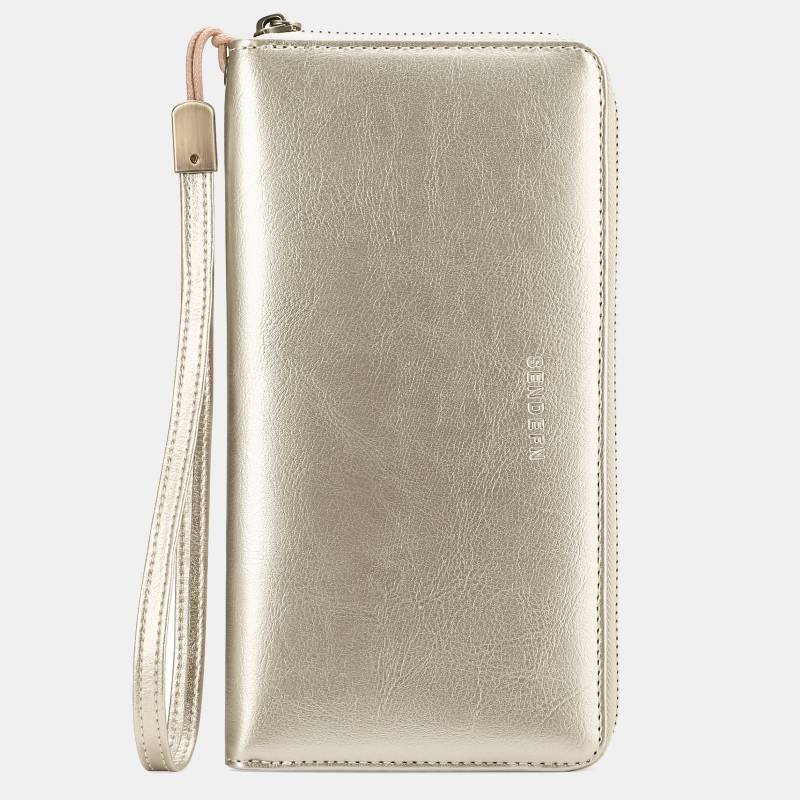 RFID Blocking Genuine Leather Zip Around Wallet Purse with Wrist Strap