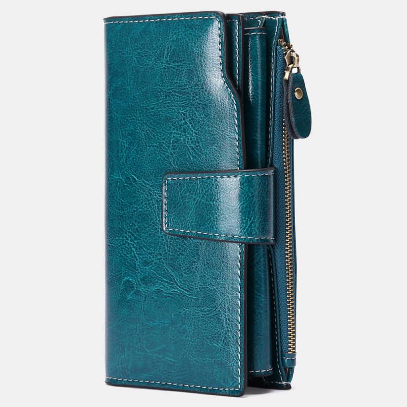 RFID Blocking Long Wallet Oil Wax Leather Phone Purse with Zipper Pocket - DarkCyan - image 0