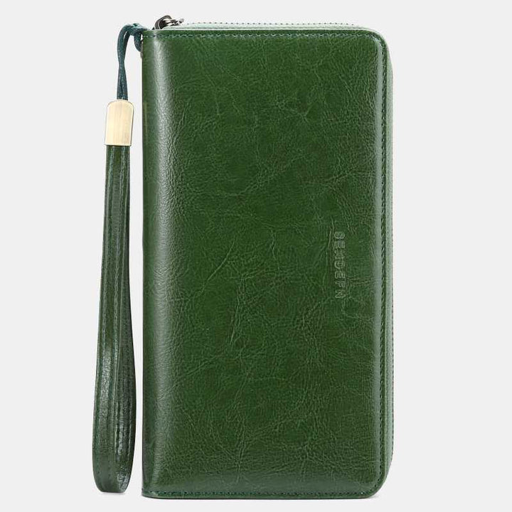 RFID Blocking Genuine Leather Zip Around Wallet Purse with Wrist Strap