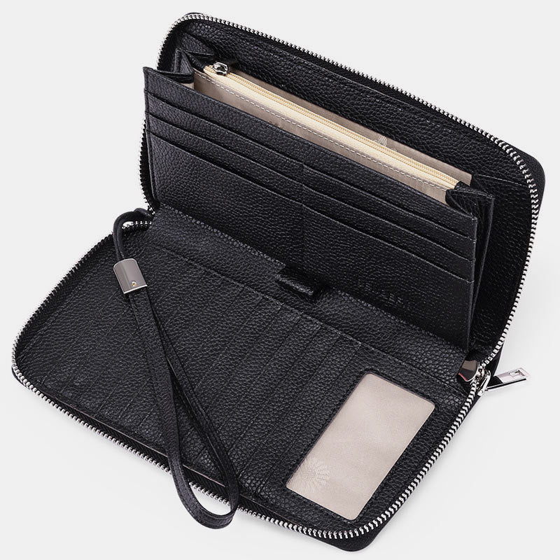 RFID Blocking Genuine Leather Zip Around Wallet Purse with Wrist Strap