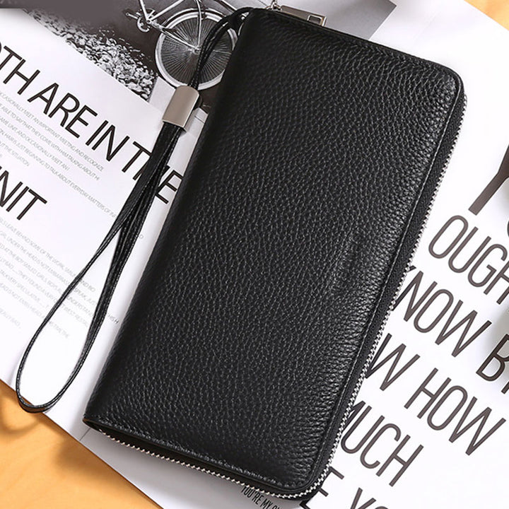 RFID Blocking Genuine Leather Zip Around Wallet Purse with Wrist Strap