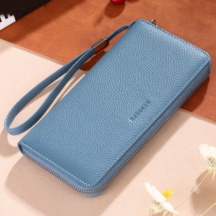 RFID Blocking Genuine Leather Zip Around Wallet Purse with Wrist Strap