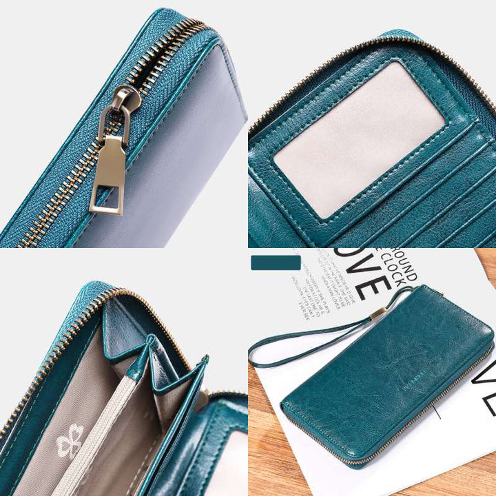 RFID Blocking Genuine Leather Zip Around Wallet Purse with Wrist Strap
