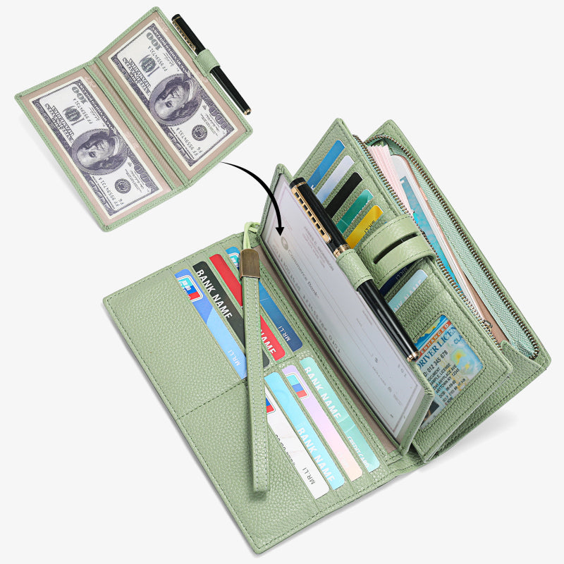 RFID Blocking Checkbook Wallet For Women Minimalist Genuine Leather Wrist Bag - DarkSeaGreen - Genuine Leather - image 12