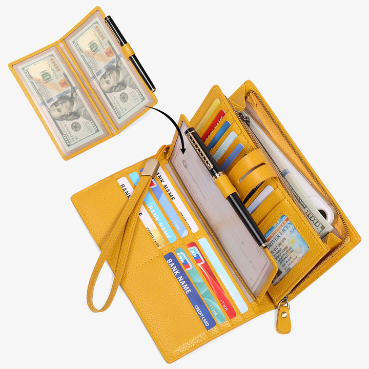 RFID Blocking Checkbook Wallet For Women Minimalist Genuine Leather Wrist Bag - Gold - Genuine Leather - image 11