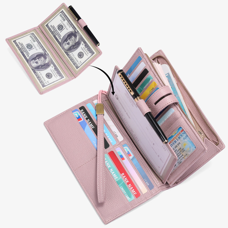 RFID Blocking Checkbook Wallet For Women Minimalist Genuine Leather Wrist Bag - Pink - Genuine Leather - image 14