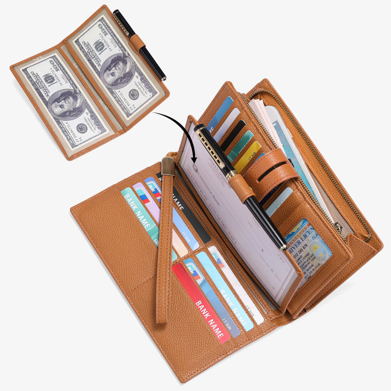 RFID Blocking Checkbook Wallet For Women Minimalist Genuine Leather Wrist Bag - Chocolate - Genuine Leather - image 8