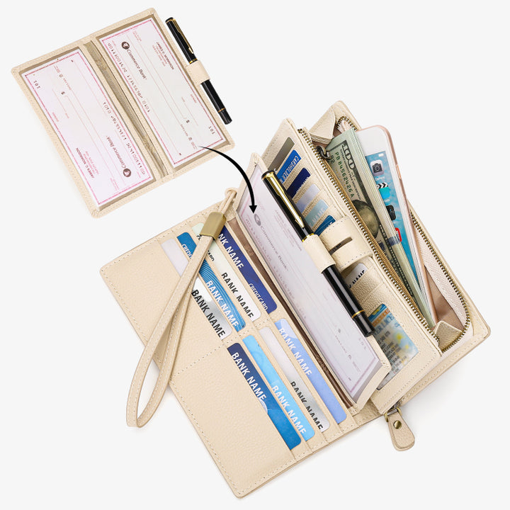 RFID Blocking Checkbook Wallet For Women Minimalist Genuine Leather Wrist Bag - PapayaWhip - Genuine Leather - image 17