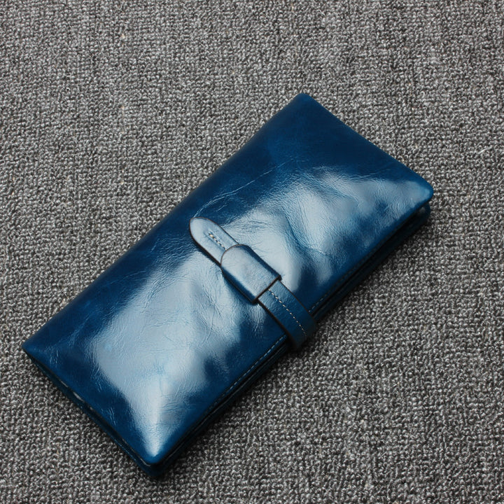 RFID Plain Color Long Wallet Women Oil Wax Leather Purse