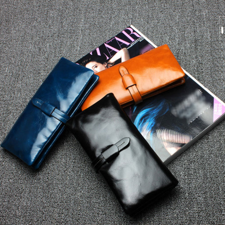 RFID Plain Color Long Wallet Women Oil Wax Leather Purse