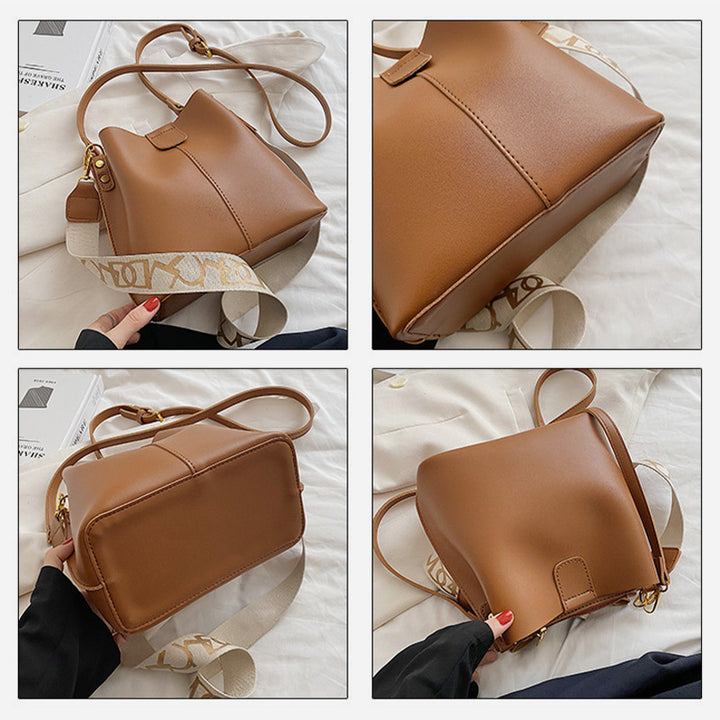Vegan Leather Bucket Purse Wide Strap Crossbody Bag For Women
