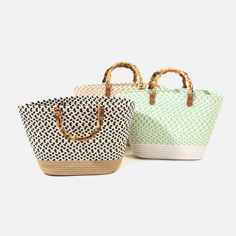 Spring Straw Woven Large Tote Bag for Women with Bamboo Handle