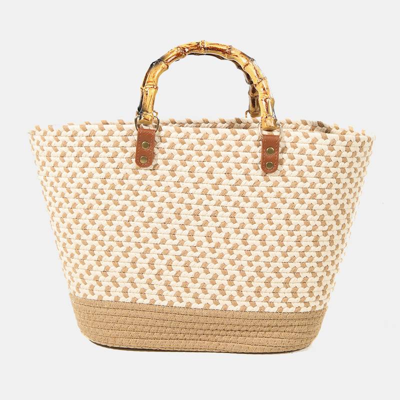 Spring Straw Woven Large Tote Bag for Women with Bamboo Handle