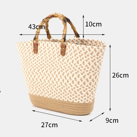 Spring Straw Woven Large Tote Bag for Women with Bamboo Handle