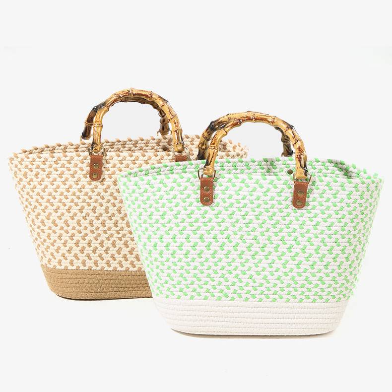 Spring Straw Woven Large Tote Bag for Women with Bamboo Handle