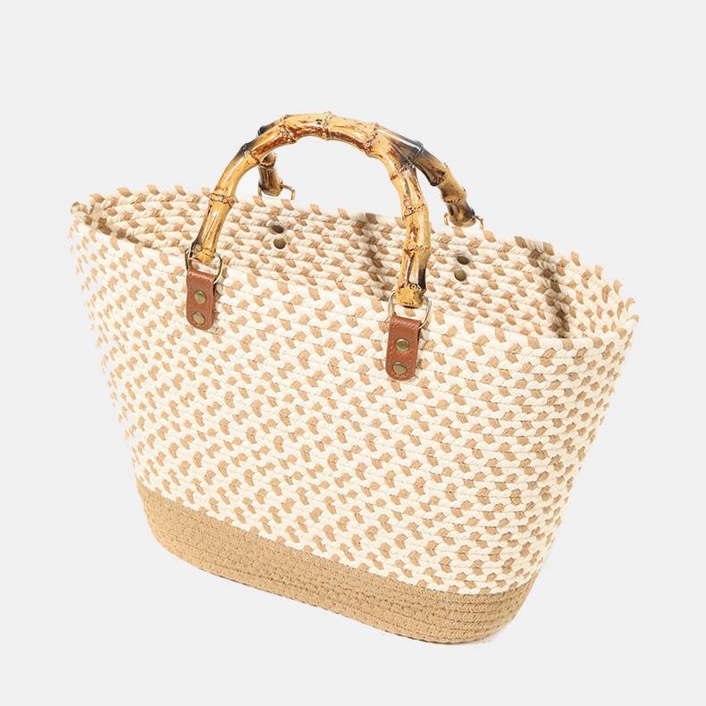 Spring Straw Woven Large Tote Bag for Women with Bamboo Handle