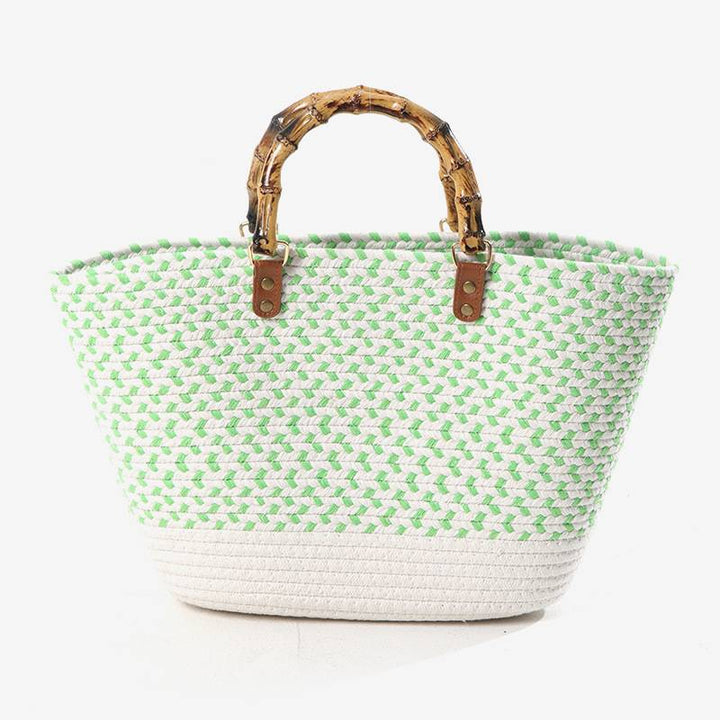 Spring Straw Woven Large Tote Bag for Women with Bamboo Handle