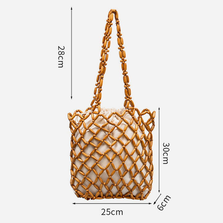 Wooden Bead Tote With Woven Lining Shoulder Bag For Women