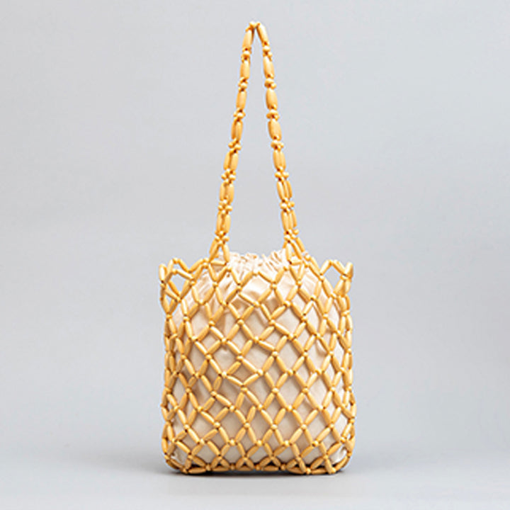 Wooden Bead Tote With Woven Lining Shoulder Bag For Women