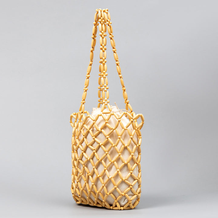 Wooden Bead Tote With Woven Lining Shoulder Bag For Women
