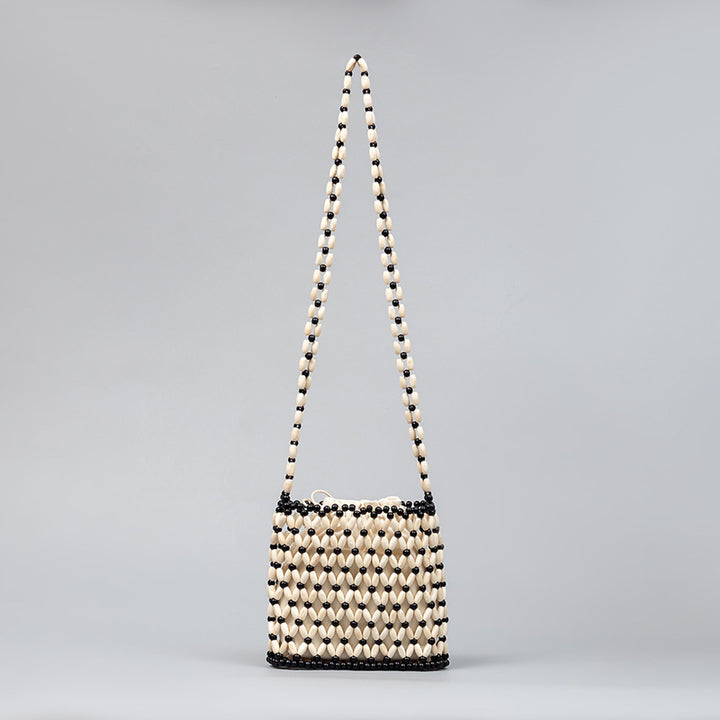 Wooden Bead Hollow Out Crossbody Bag With Drawstring Lining Purse