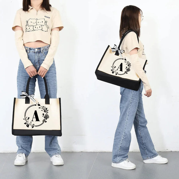 Custom Initial Floral Canvas Tote Shopping Travel Handbag