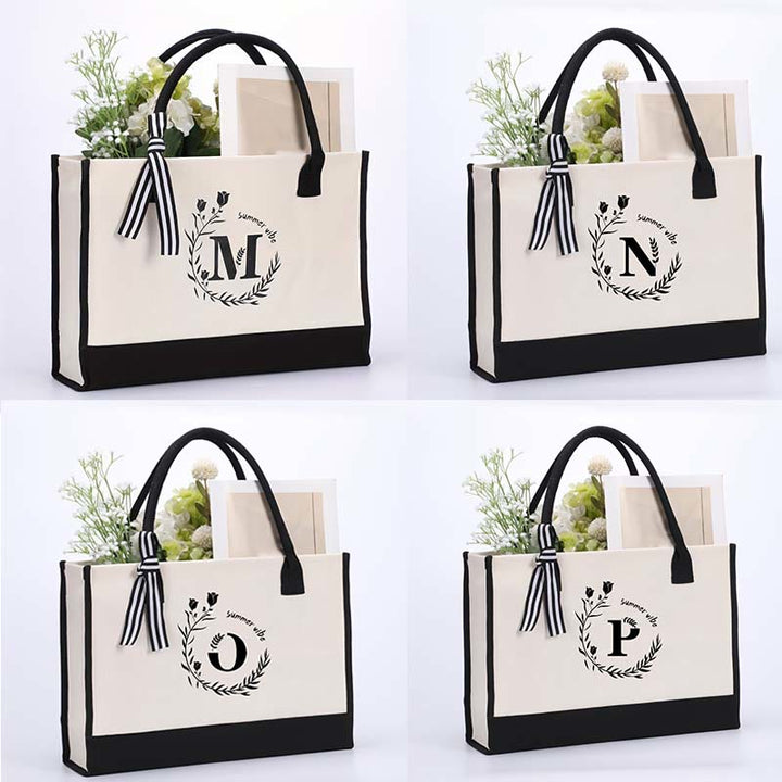Custom Initial Floral Canvas Tote Shopping Travel Handbag