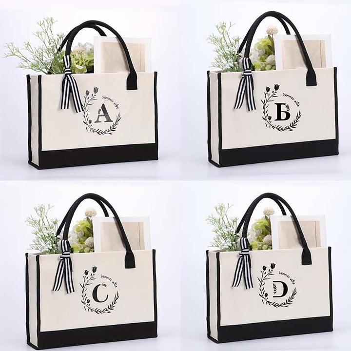 Custom Initial Floral Canvas Tote Shopping Travel Handbag
