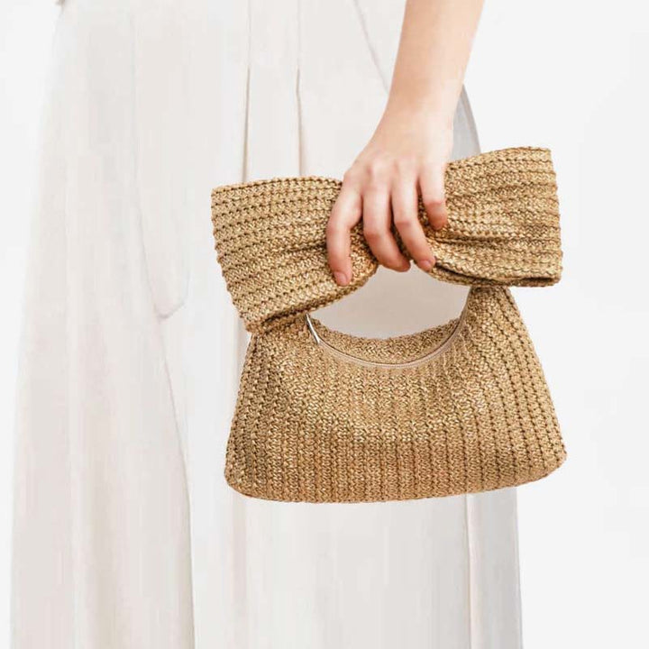 Bowknot Straw Woven Clutch for Women Beach Party Handbag Purse