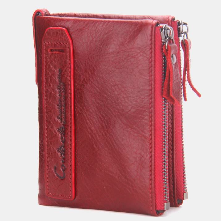 Multifunctional Genuine Leather Double Zipper Wallet - Red - image 20