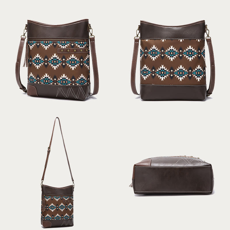 Vegan Leather Crossbody Bag for Women Unique Bohemian Rivet Tassel Purse