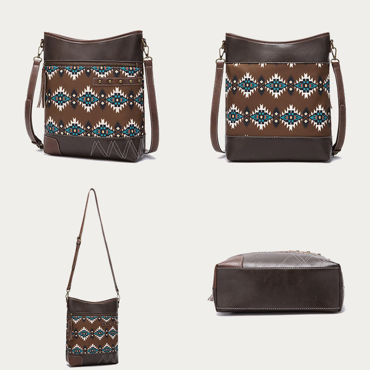 Vegan Leather Crossbody Bag for Women Unique Bohemian Rivet Tassel Purse