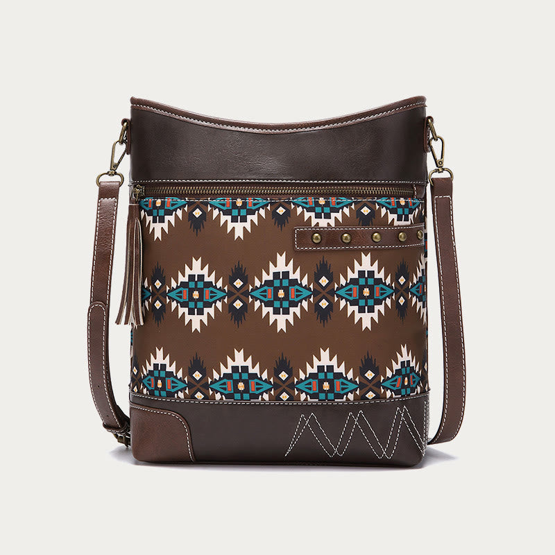Vegan Leather Crossbody Bag for Women Unique Bohemian Rivet Tassel Purse