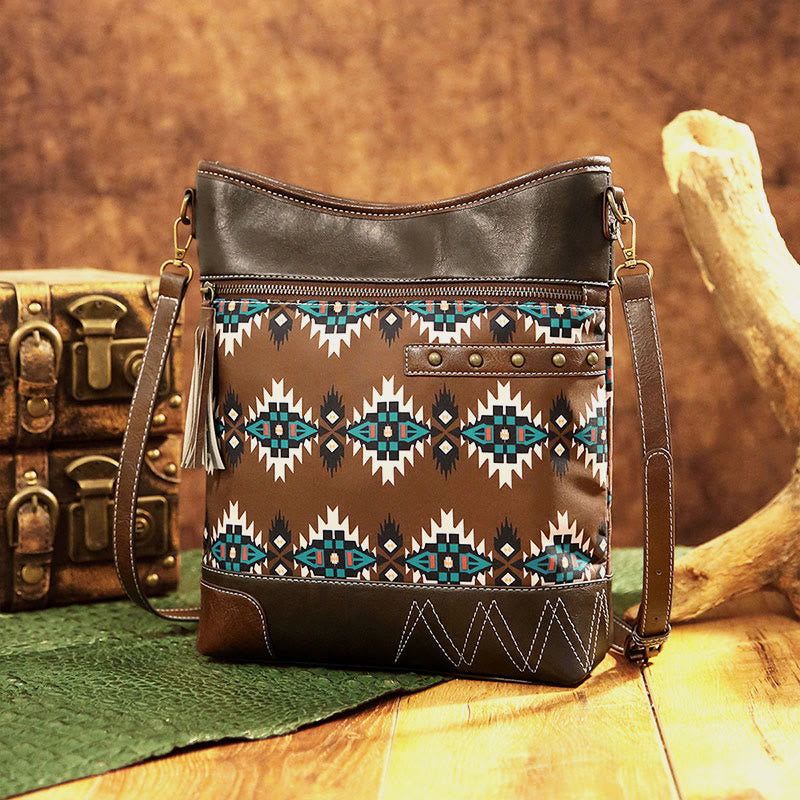 Vegan Leather Crossbody Bag for Women Unique Bohemian Rivet Tassel Purse