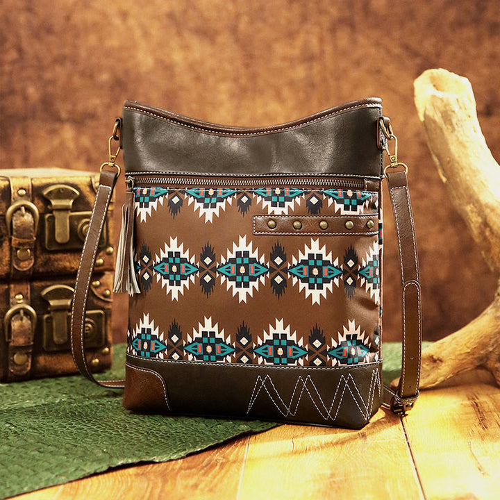 Vegan Leather Crossbody Bag for Women Unique Bohemian Rivet Tassel Purse