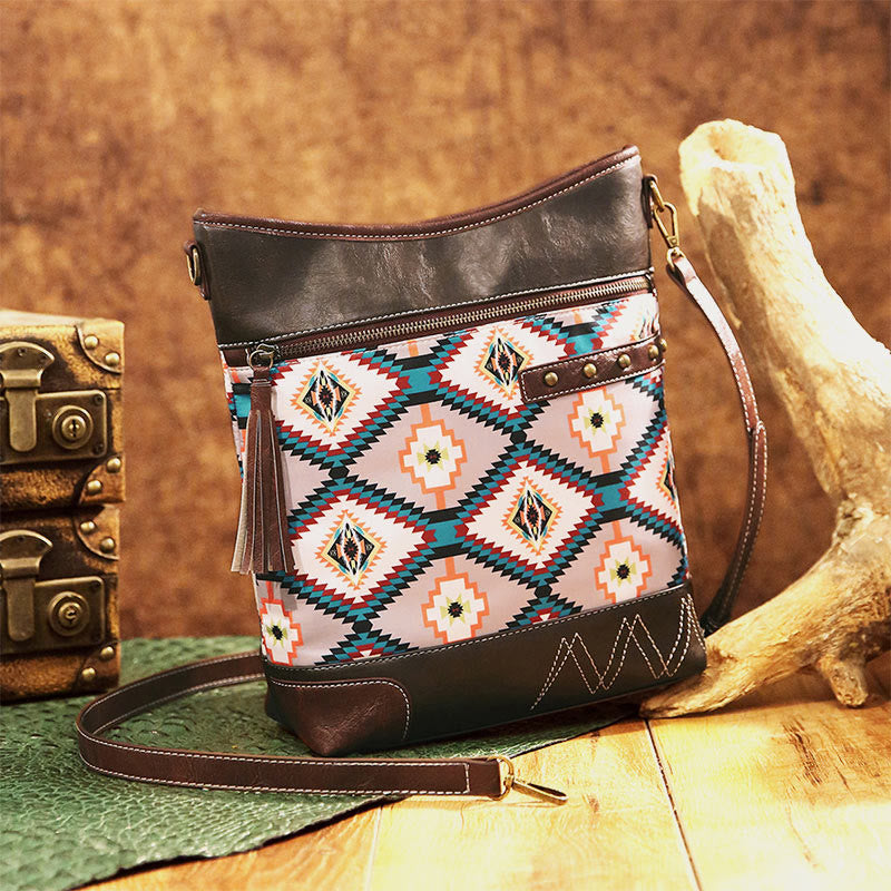 Vegan Leather Crossbody Bag for Women Unique Bohemian Rivet Tassel Purse