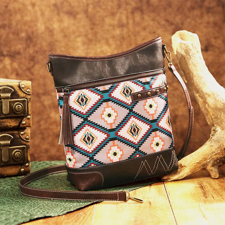 Vegan Leather Crossbody Bag for Women Unique Bohemian Rivet Tassel Purse