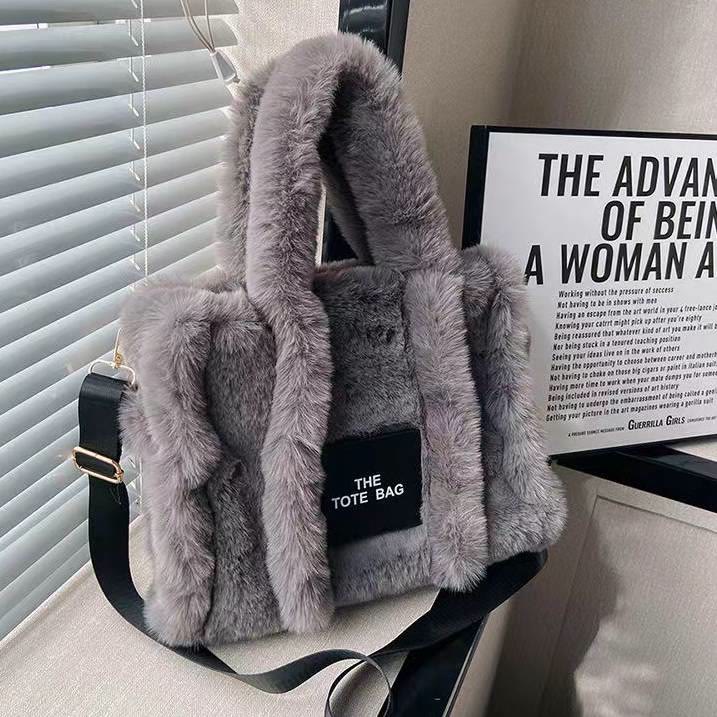 Solid Plush Handbag For Winter Soft Wide Strap Crossbody Bag