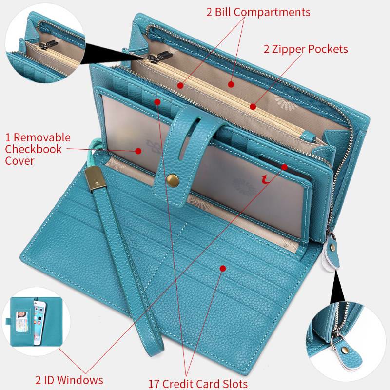 RFID Blocking Checkbook Wallet For Women Minimalist Genuine Leather Wrist Bag - image 5