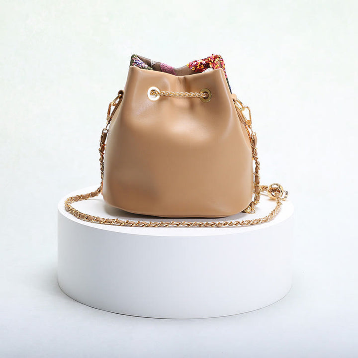 Vintage Mesh Embroidered Sequins Floral Mini Bucket Bag Drawstring Purse