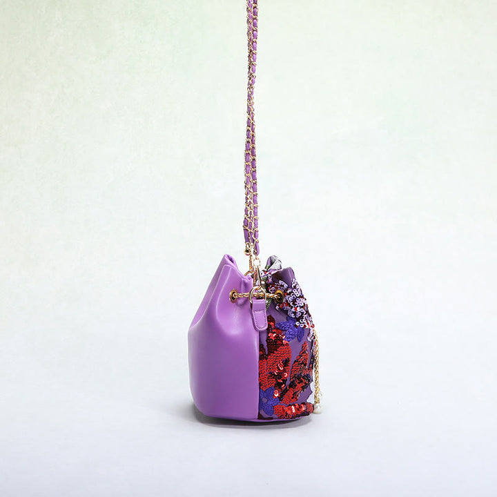 Vintage Mesh Embroidered Sequins Floral Mini Bucket Bag Drawstring Purse