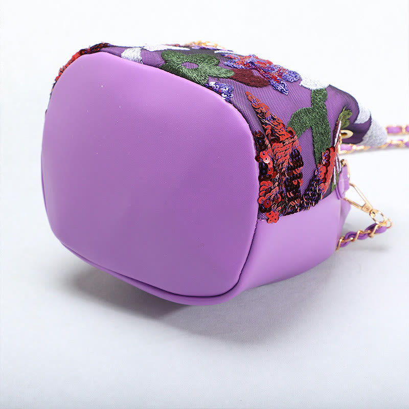 Vintage Mesh Embroidered Sequins Floral Mini Bucket Bag Drawstring Purse